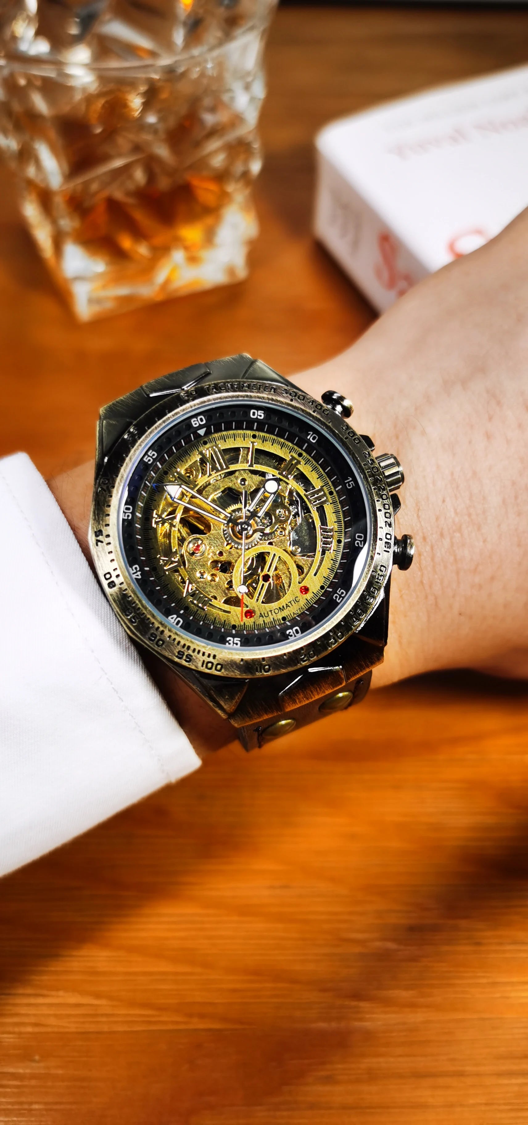 Bronze Retro Skeleton Automatic Mechanical Watch for Men Luminous Hand Brown Genuine Leather Belt Luxury Brand Steampunk Watches