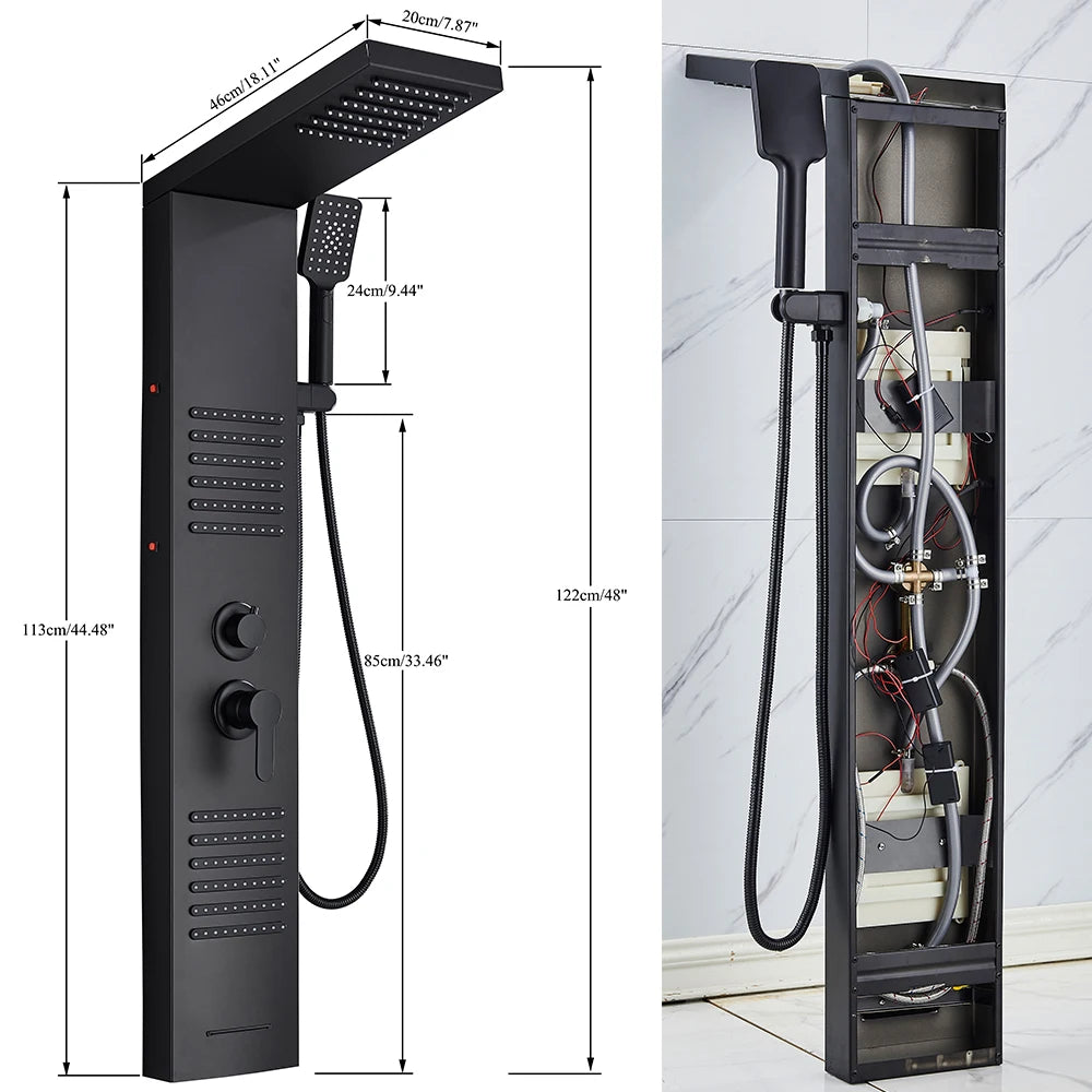 Rozin Black Shower Column LED Rainfall Bathroom Faucet with Massage Jet Bath Panel System  5 Modes Waterfall Hot Cold Mixer Tap