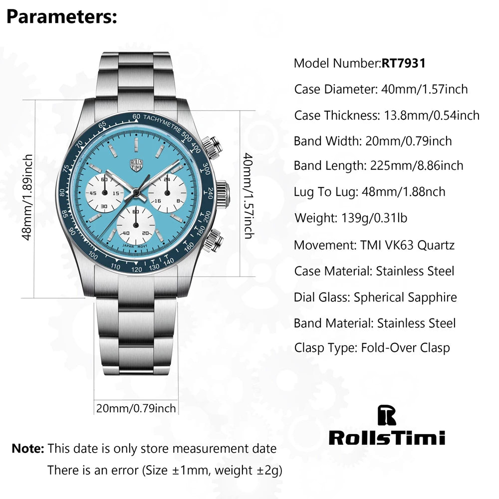 2026 New RollsTimi Mens Watches Luxury Quartz Chronograph Wrist Watch For Man Sapphire Mirror Waterproof Men Gift Clock Luminous