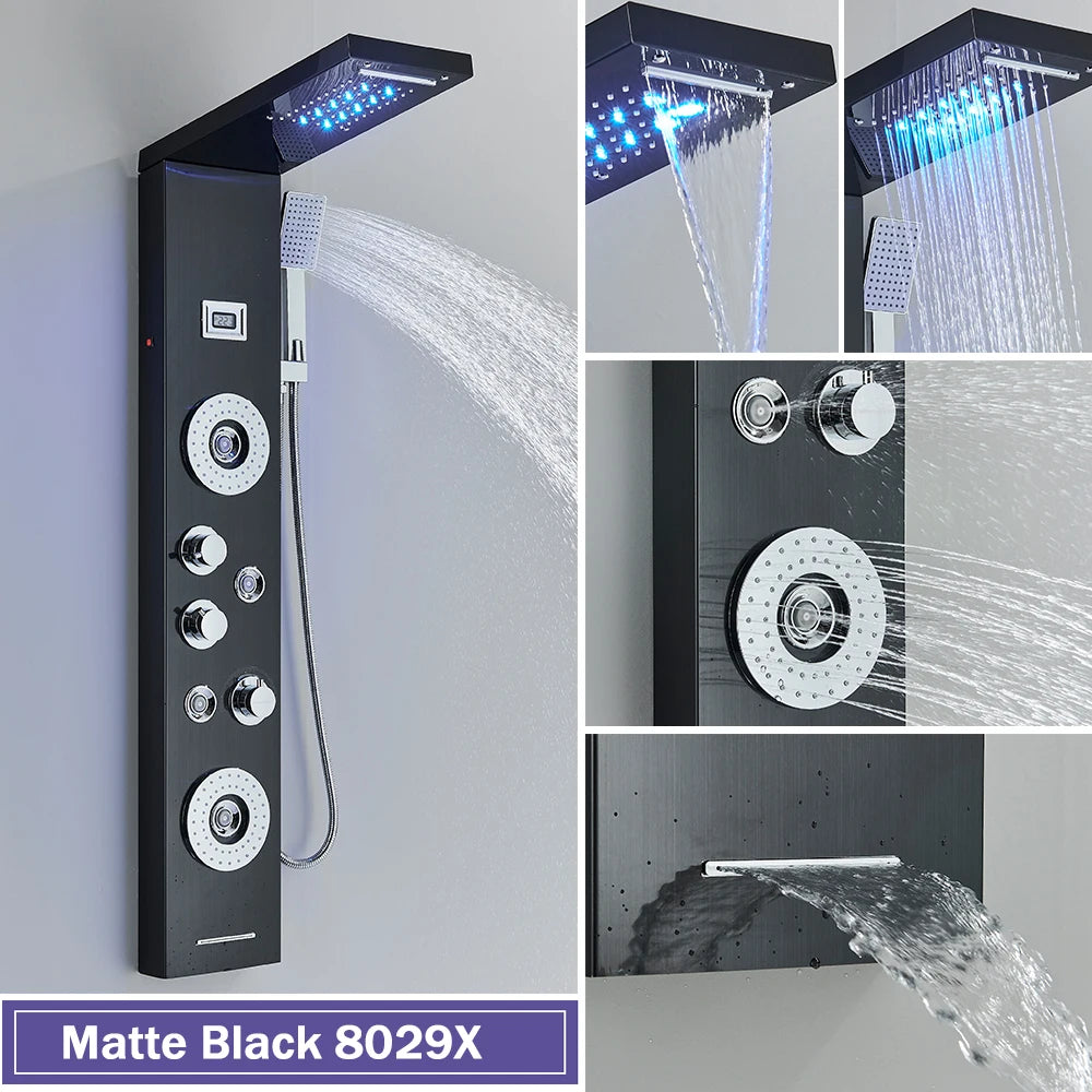 Rozin Black Shower Column LED Rainfall Bathroom Faucet with Massage Jet Bath Panel System  5 Modes Waterfall Hot Cold Mixer Tap