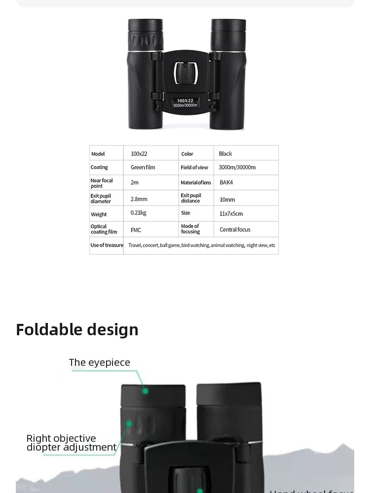 100x22 Mini Portable Hd Binoculars 30000m Long Range Folding Bak4 Fmc Optics For Hunting Sports Outdoor Camping Travel