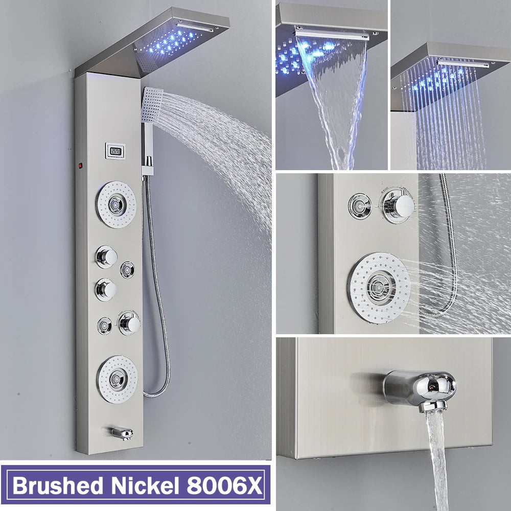Rozin Black Shower Column LED Rainfall Bathroom Faucet with Massage Jet Bath Panel System  5 Modes Waterfall Hot Cold Mixer Tap