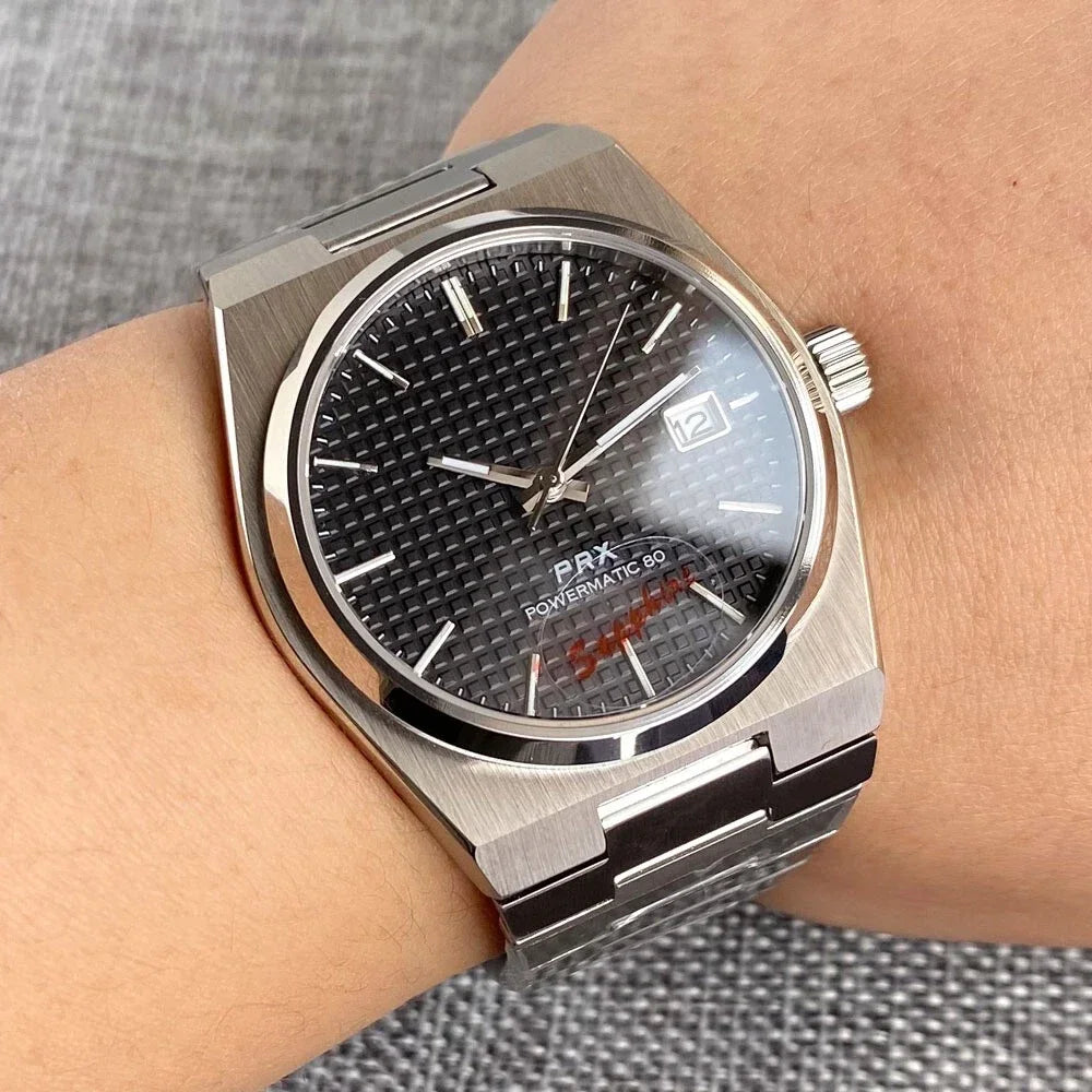 Tandorio 40mm PRX Sapphire Crystal Automatic Men Mechanical Watch 100m Waterproof Japan NH35 Movement Watch Black Texture Dial