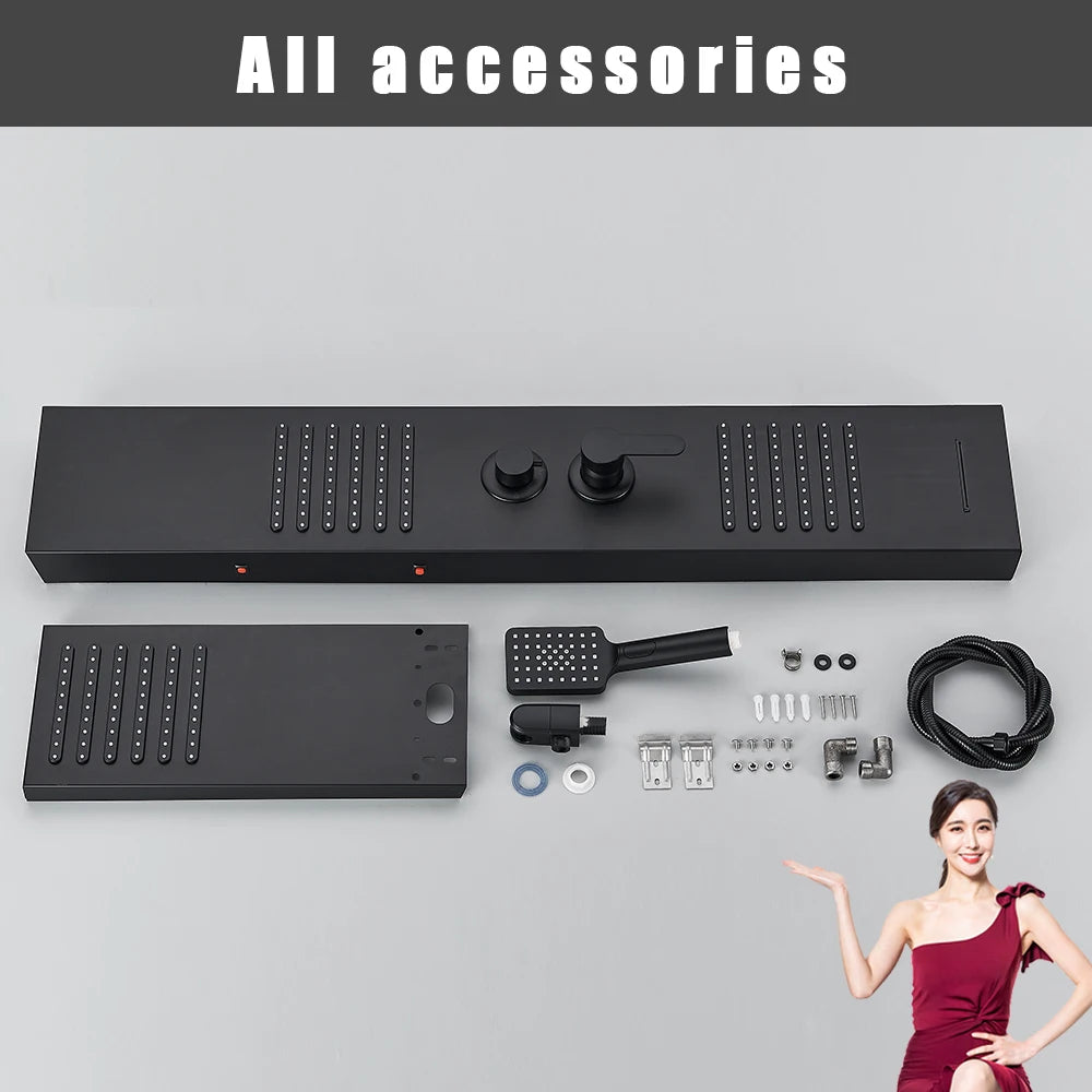 Rozin Black Shower Column LED Rainfall Bathroom Faucet with Massage Jet Bath Panel System  5 Modes Waterfall Hot Cold Mixer Tap