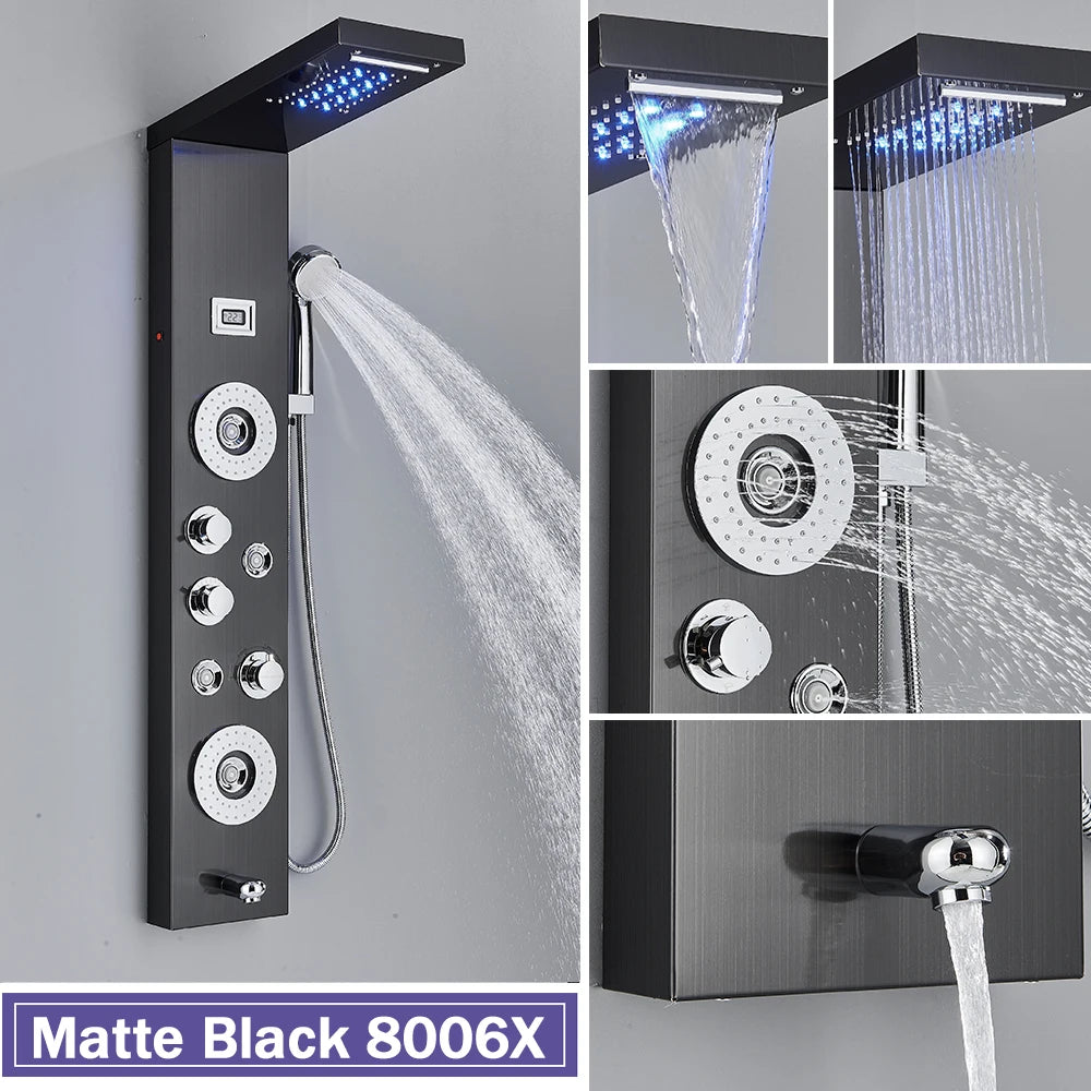 Rozin Black Shower Column LED Rainfall Bathroom Faucet with Massage Jet Bath Panel System  5 Modes Waterfall Hot Cold Mixer Tap