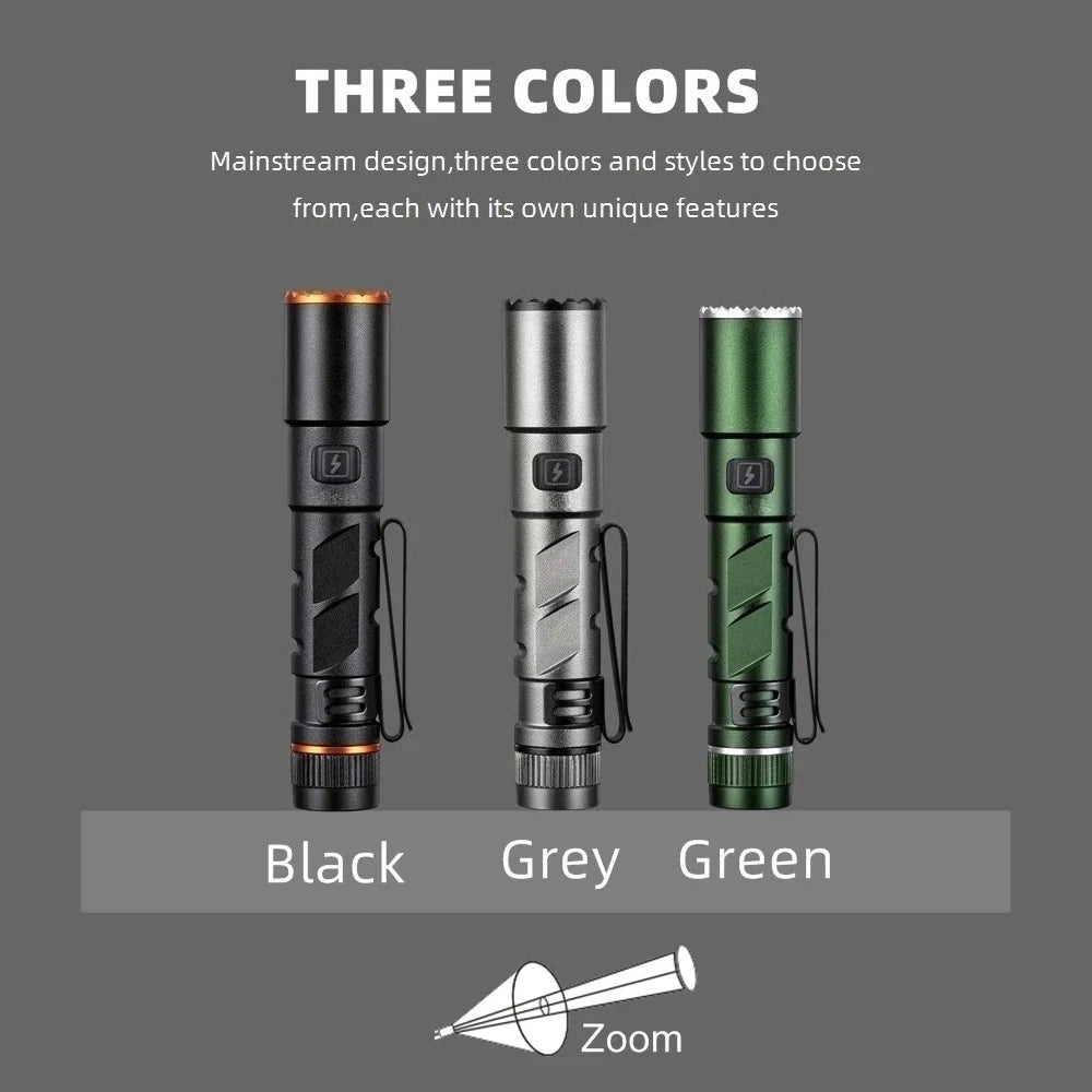 Mini Zoom EDC High Bright Pen Flashlight USB Rechargeable Magnet Portable Small Torch Outdoor Camping Hiking Emergency Lighting