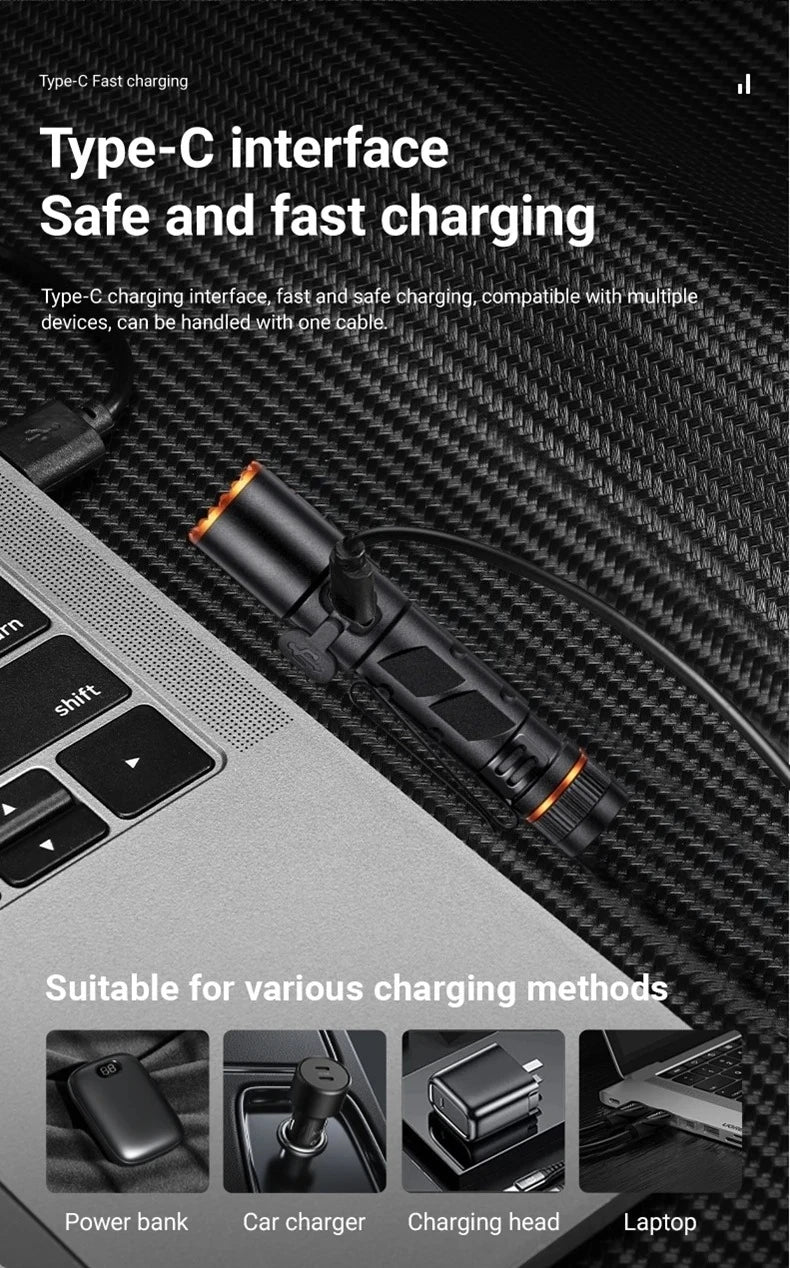 Mini Zoom EDC High Bright Pen Flashlight USB Rechargeable Magnet Portable Small Torch Outdoor Camping Hiking Emergency Lighting