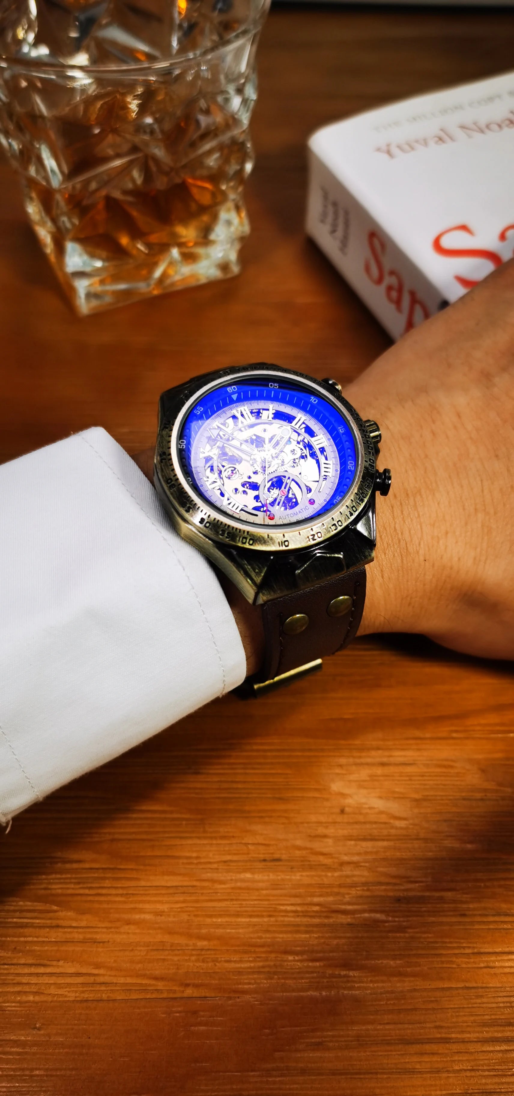 Bronze Retro Skeleton Automatic Mechanical Watch for Men Luminous Hand Brown Genuine Leather Belt Luxury Brand Steampunk Watches