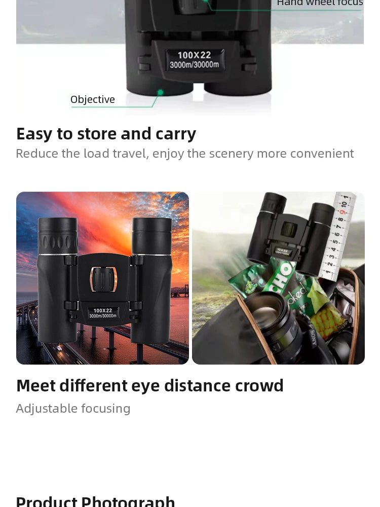 100x22 Mini Portable Hd Binoculars 30000m Long Range Folding Bak4 Fmc Optics For Hunting Sports Outdoor Camping Travel