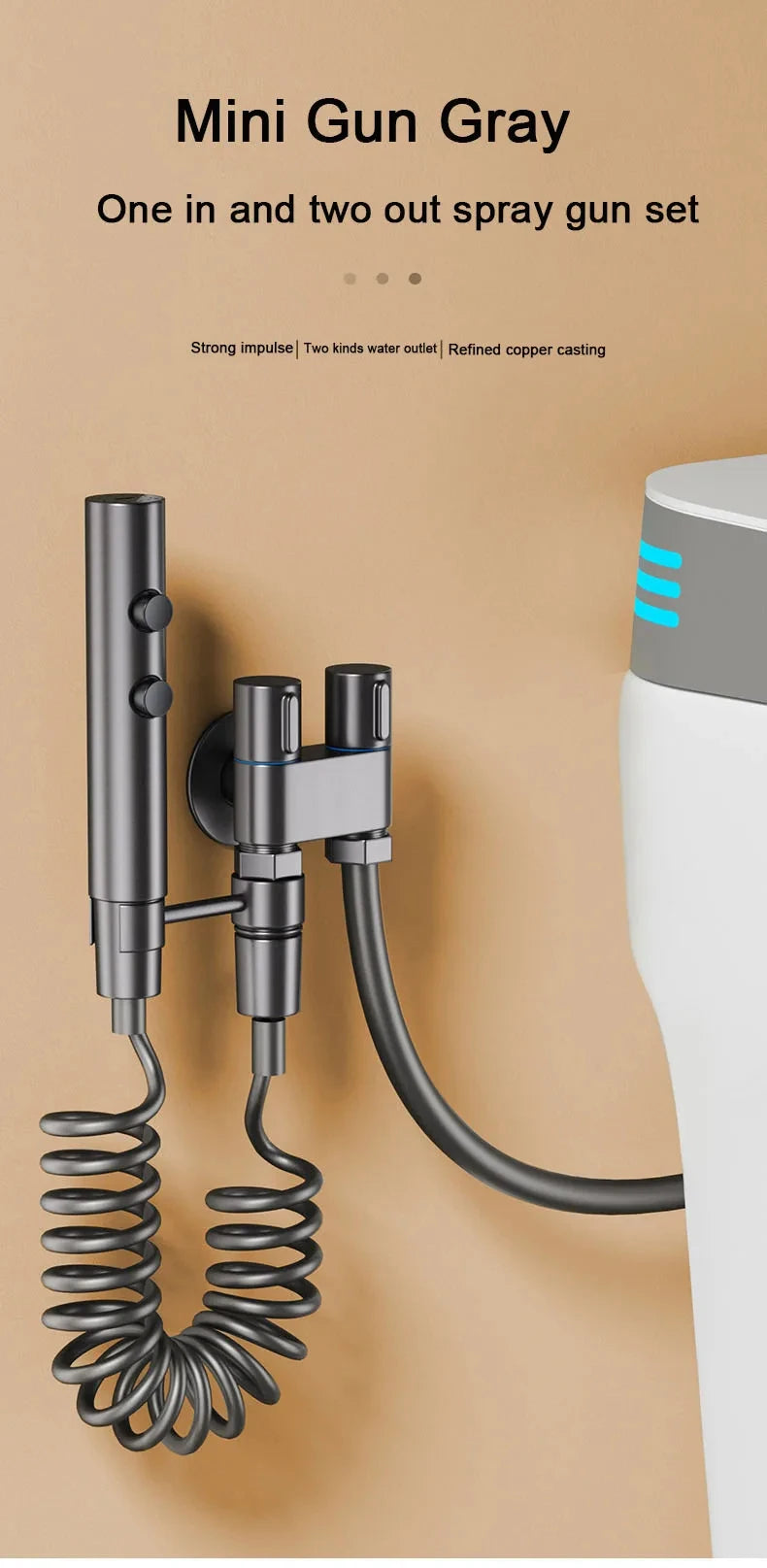Gunmetal gray toilet spray gun set, handheld bathroom spray gun, toilet and shower, dual outlet angle valve, toilet accessories