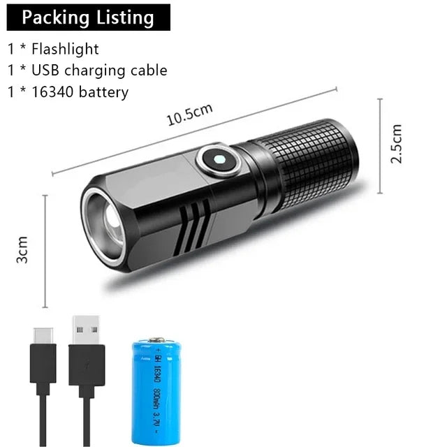 Super Bright Mini LED Flashlight USB Rechargeable Zoom Tactical Flashlight 3 Lighting Mode Outdoor Camping Fishing Torch
