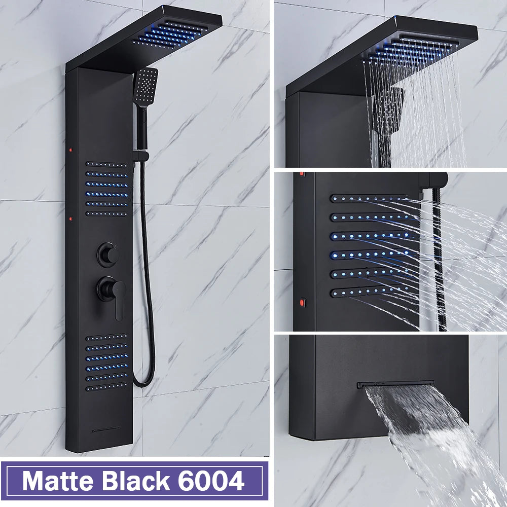 Rozin Black Shower Column LED Rainfall Bathroom Faucet with Massage Jet Bath Panel System  5 Modes Waterfall Hot Cold Mixer Tap