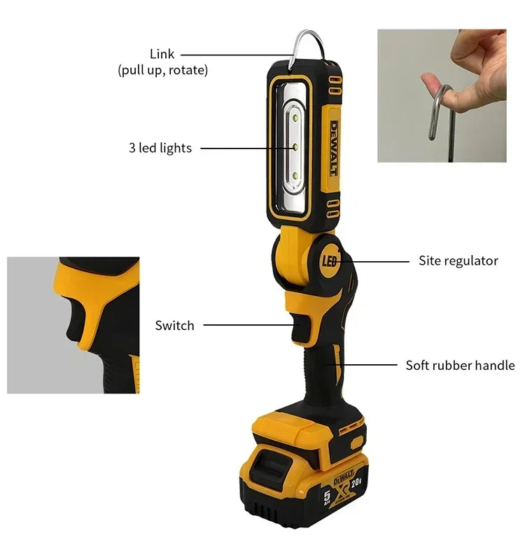 Dewalt 20V Lithium Battery 90 Degree Folding LED Work Light Handheld Multifunctional Portable Camping Torch for Outdoor Camping